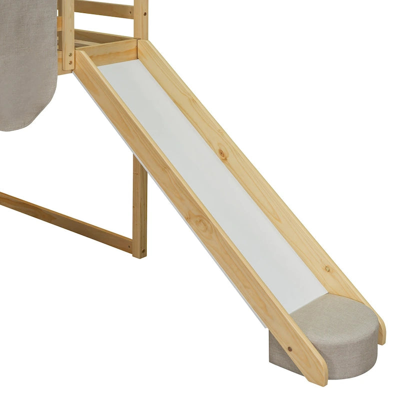 Lit mezzanine en bois massif avec tente et armoire en forme de voiture, cadre de lit mezzanine double/complet avec étagères de rangement et cadre de toit