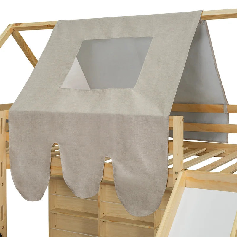 Lit mezzanine en bois massif avec tente et armoire en forme de voiture, cadre de lit mezzanine double/complet avec étagères de rangement et cadre de toit