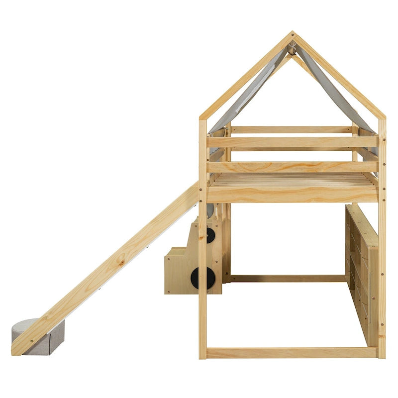 Lit mezzanine en bois massif avec tente et armoire en forme de voiture, cadre de lit mezzanine double/complet avec étagères de rangement et cadre de toit