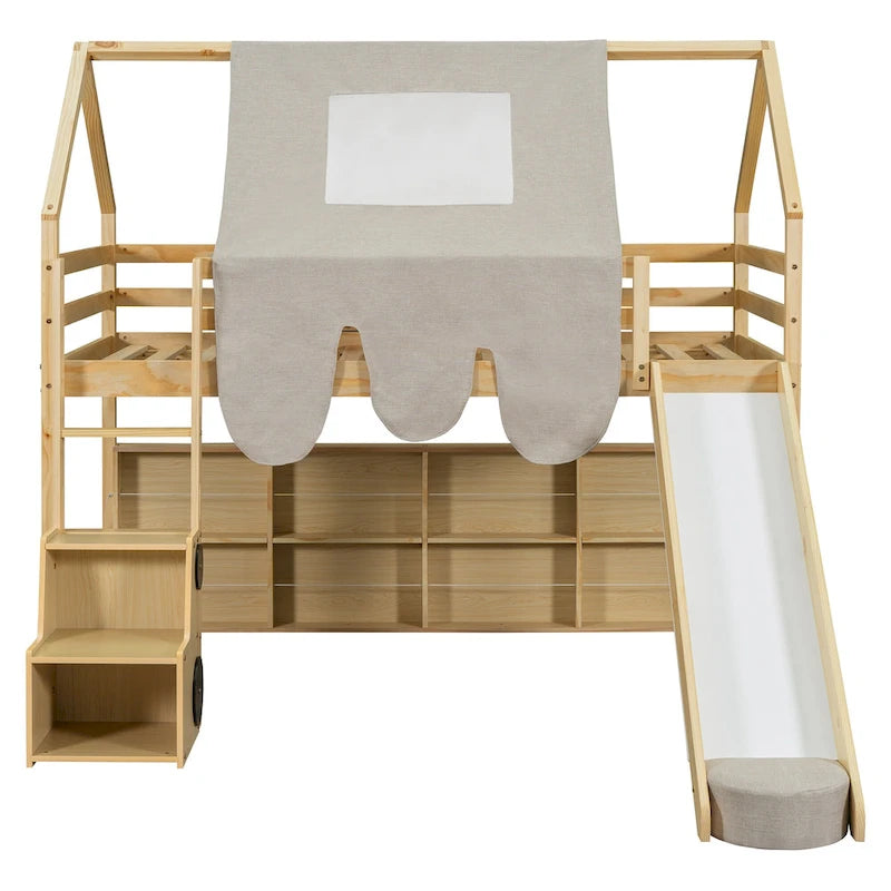 Lit mezzanine en bois massif avec tente et armoire en forme de voiture, cadre de lit mezzanine double/complet avec étagères de rangement et cadre de toit