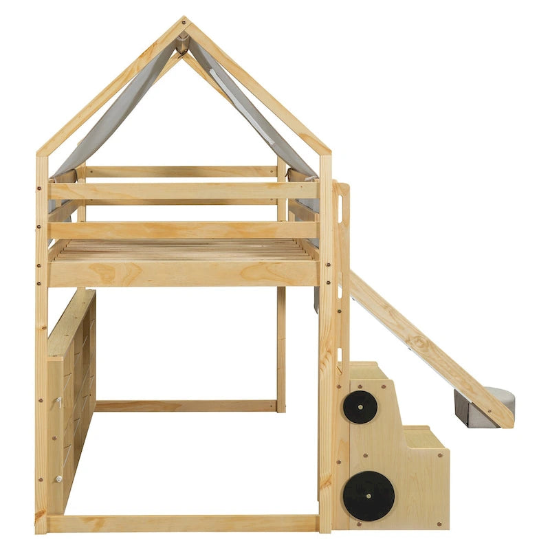 Lit mezzanine en bois massif avec tente et armoire en forme de voiture, cadre de lit mezzanine double/complet avec étagères de rangement et cadre de toit