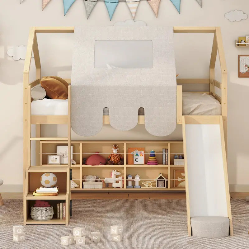 Lit mezzanine en bois massif avec tente et armoire en forme de voiture, cadre de lit mezzanine double/complet avec étagères de rangement et cadre de toit