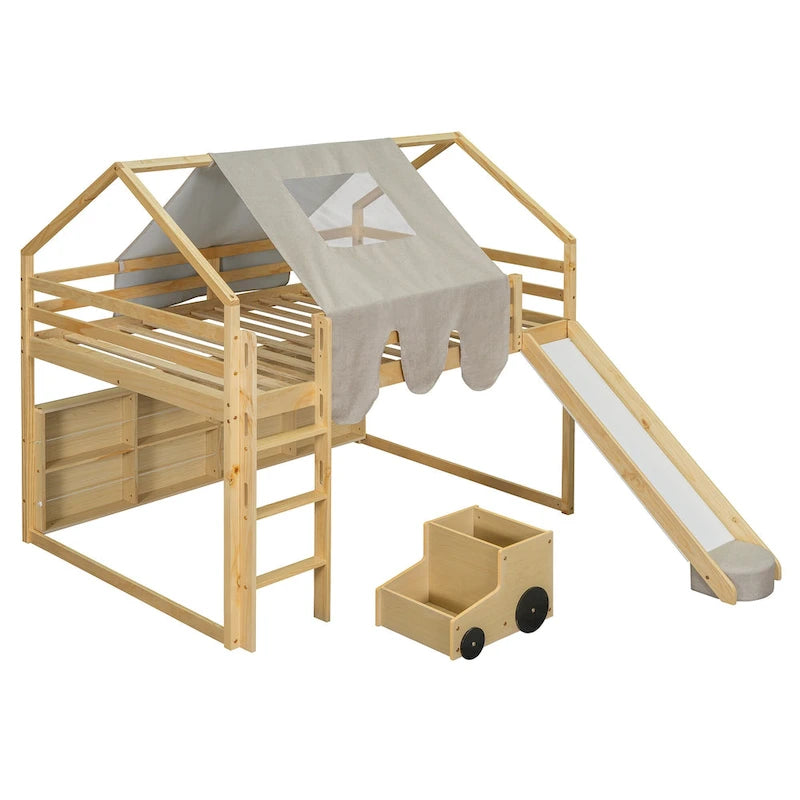 Lit mezzanine en bois massif avec tente et armoire en forme de voiture, cadre de lit mezzanine double/complet avec étagères de rangement et cadre de toit