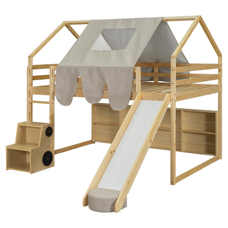 Lit mezzanine en bois massif avec tente et armoire en forme de voiture, cadre de lit mezzanine double/complet avec étagères de rangement et cadre de toit
