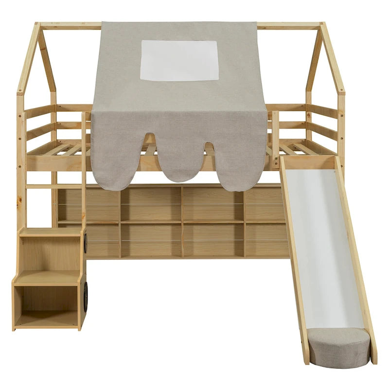 Lit mezzanine en bois massif avec tente et armoire en forme de voiture, cadre de lit mezzanine double/complet avec étagères de rangement et cadre de toit