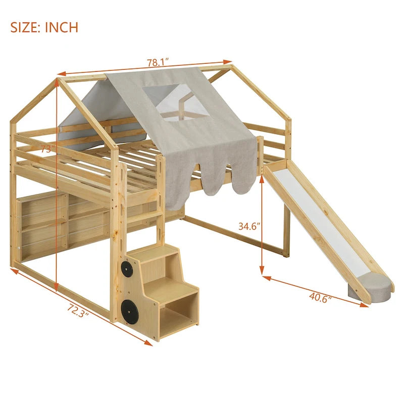 Lit mezzanine en bois massif avec tente et armoire en forme de voiture, cadre de lit mezzanine double/complet avec étagères de rangement et cadre de toit