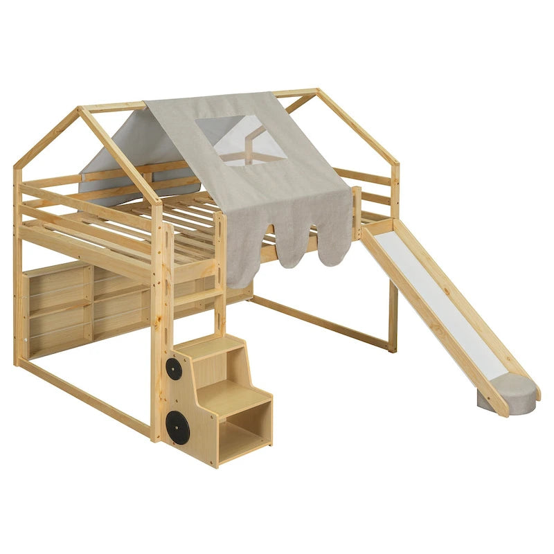 Lit mezzanine en bois massif avec tente et armoire en forme de voiture, cadre de lit mezzanine double/complet avec étagères de rangement et cadre de toit