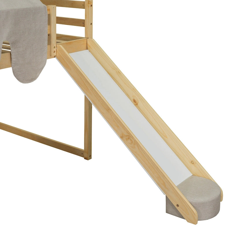 Lit mezzanine en bois massif avec tente et armoire en forme de voiture, cadre de lit mezzanine double/complet avec étagères de rangement et cadre de toit