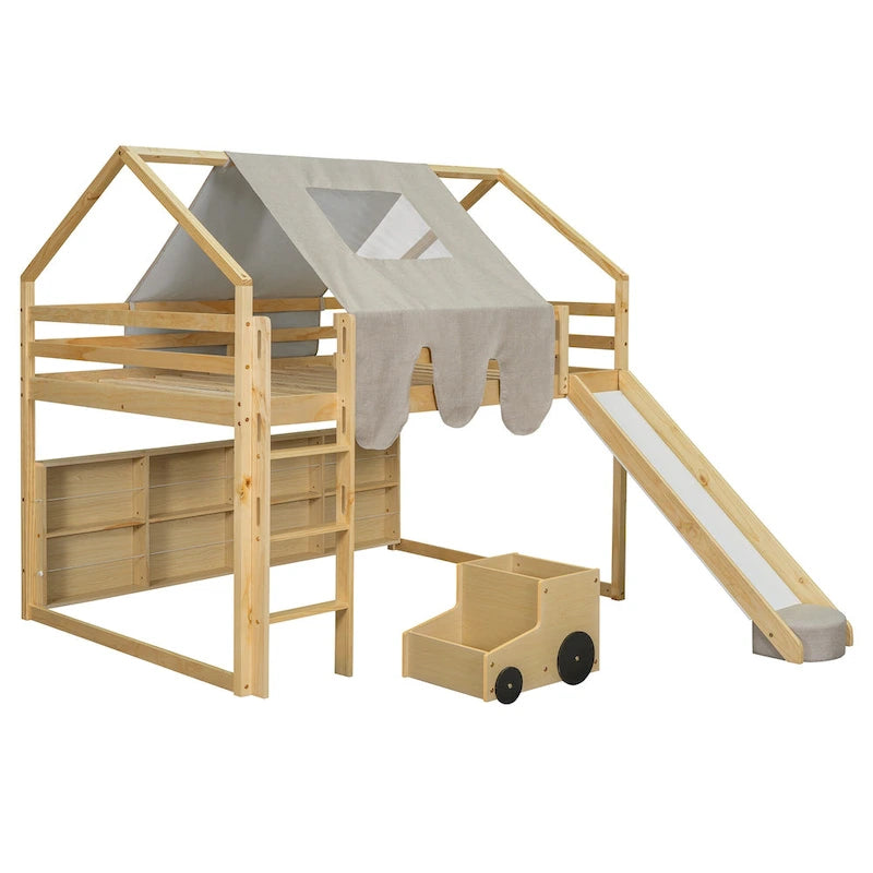 Lit mezzanine en bois massif avec tente et armoire en forme de voiture, cadre de lit mezzanine double/complet avec étagères de rangement et cadre de toit