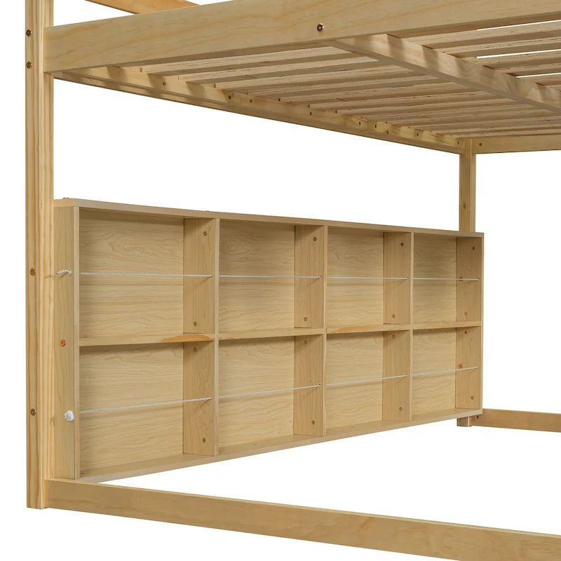 Lit mezzanine en bois massif avec tente et armoire en forme de voiture, cadre de lit mezzanine double/complet avec étagères de rangement et cadre de toit