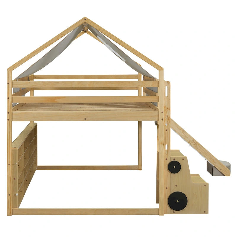 Lit mezzanine en bois massif avec tente et armoire en forme de voiture, cadre de lit mezzanine double/complet avec étagères de rangement et cadre de toit