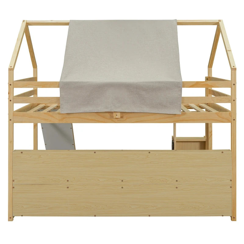 Lit mezzanine en bois massif avec tente et armoire en forme de voiture, cadre de lit mezzanine double/complet avec étagères de rangement et cadre de toit