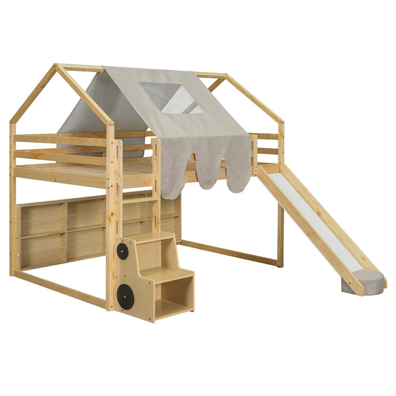 Lit mezzanine en bois massif avec tente et armoire en forme de voiture, cadre de lit mezzanine double/complet avec étagères de rangement et cadre de toit