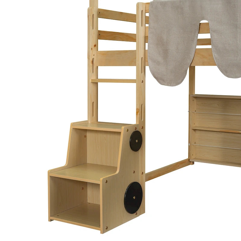 Lit mezzanine en bois massif avec tente et armoire en forme de voiture, cadre de lit mezzanine double/complet avec étagères de rangement et cadre de toit