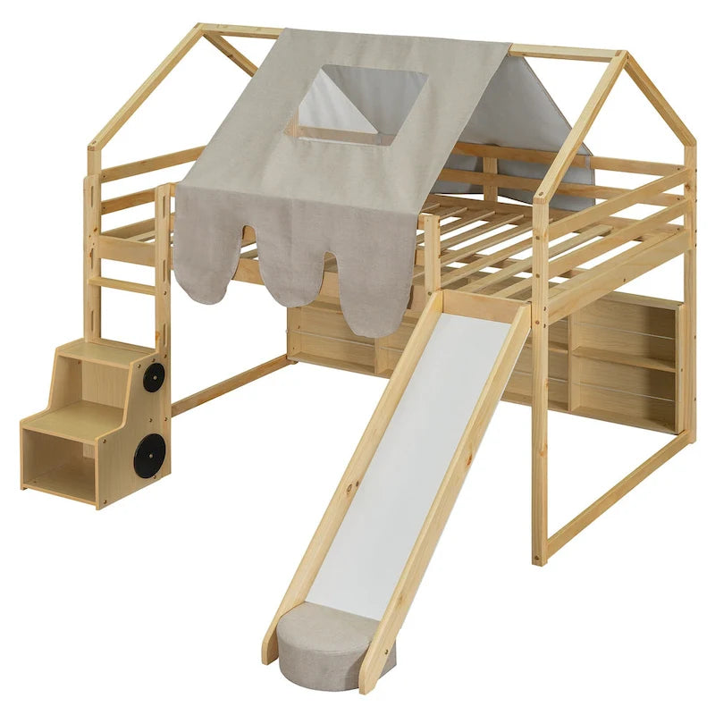 Lit mezzanine en bois massif avec tente et armoire en forme de voiture, cadre de lit mezzanine double/complet avec étagères de rangement et cadre de toit
