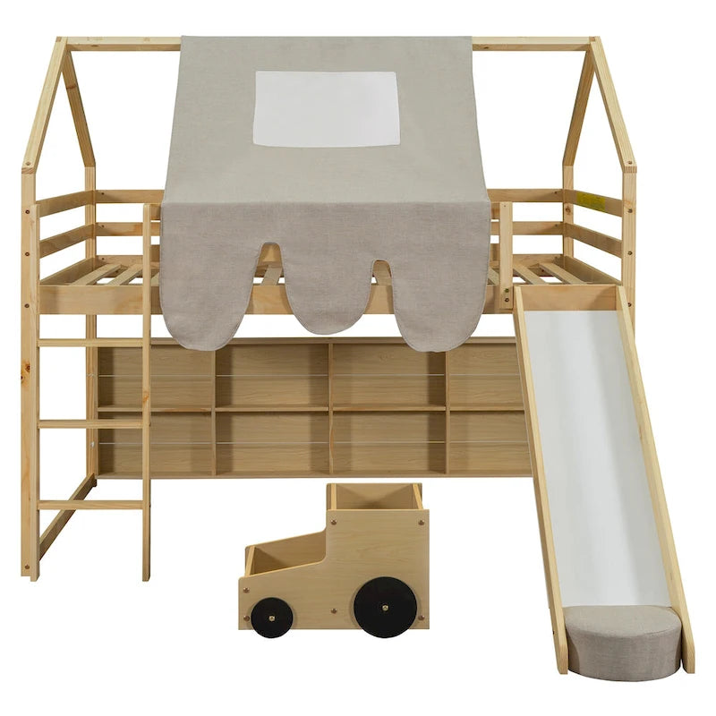 Lit mezzanine en bois massif avec tente et armoire en forme de voiture, cadre de lit mezzanine double/complet avec étagères de rangement et cadre de toit