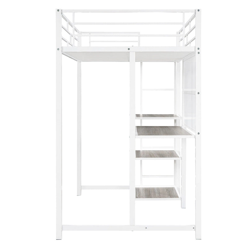 White Twin Metal Loft Bed with Desk & Shelves