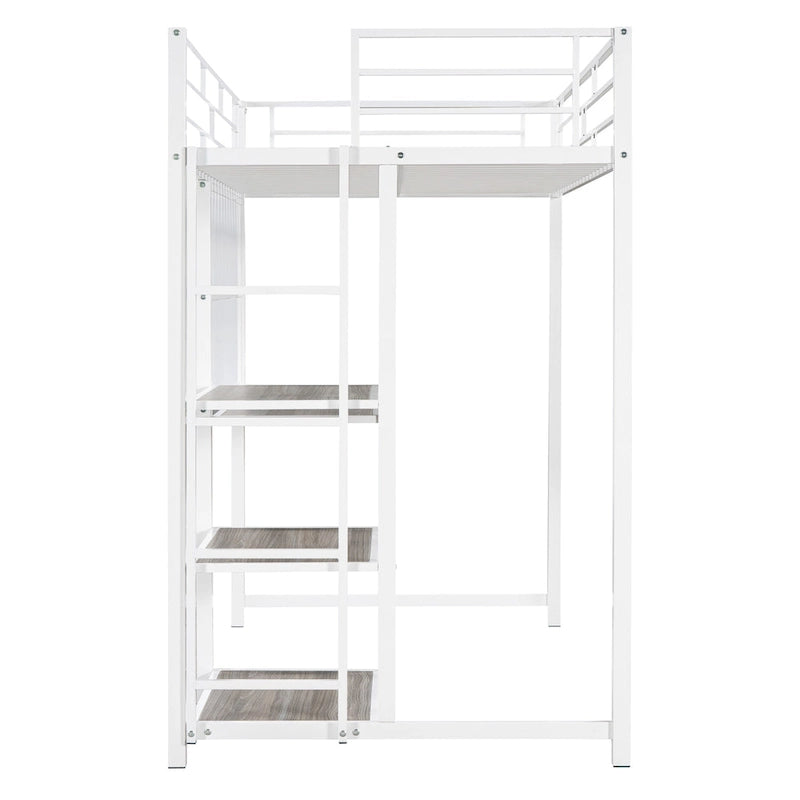 Lit mezzanine double en métal blanc avec bureau et étagères