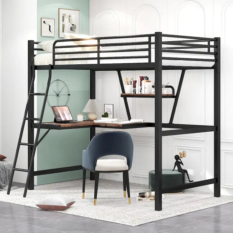 Lit mezzanine en métal noir avec bureau intégré, étagère et garde-corps pleine longueur