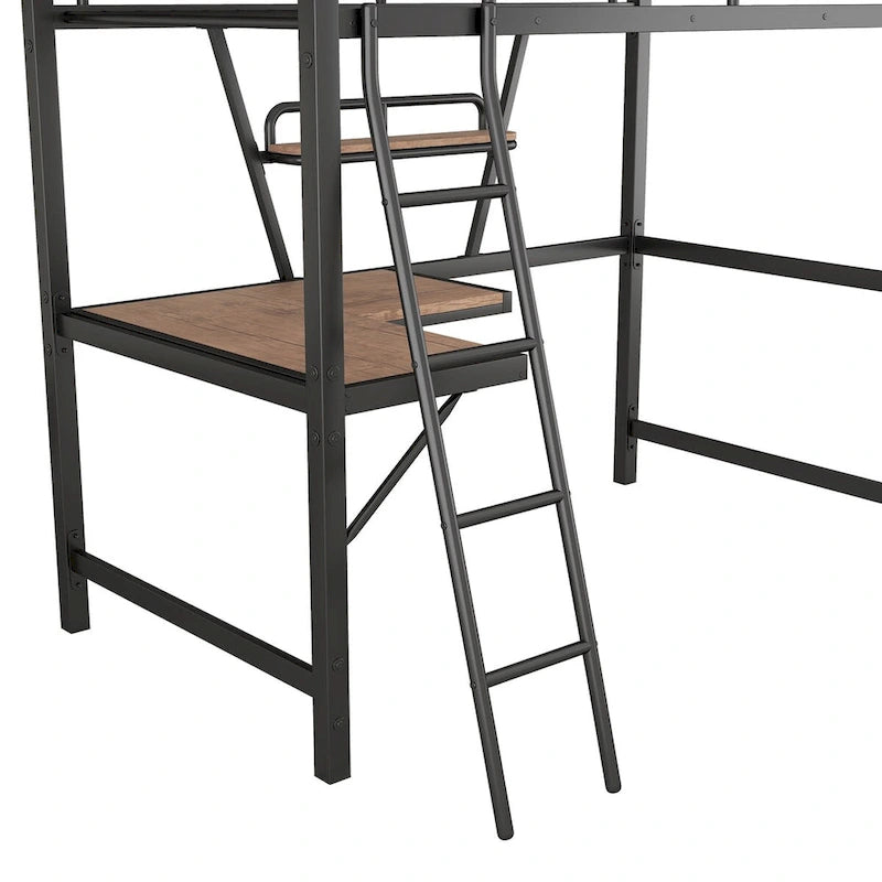 Black Metal Loft Bed with Integrated Desk, Shelf, and Full-Length Guardrail