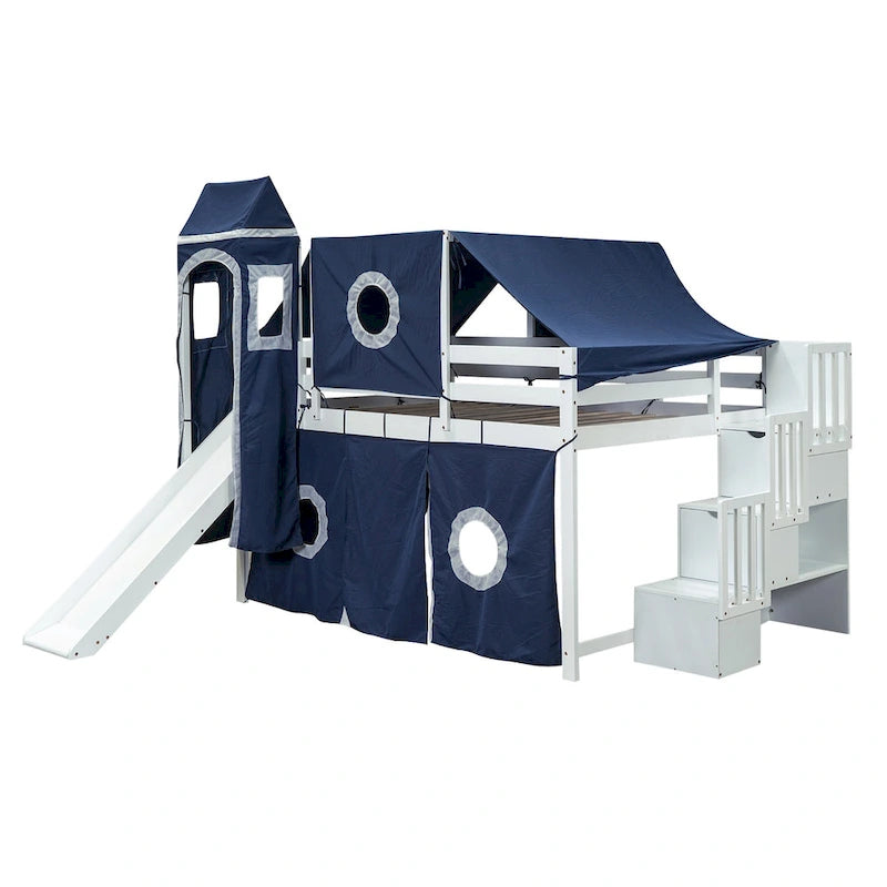 Lit mezzanine en pin bleu avec escalier de rangement et toboggan, tente et tour, barrière de sécurité pleine longueur