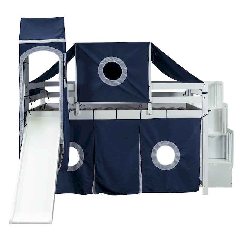 Lit mezzanine en pin bleu avec escalier de rangement et toboggan, tente et tour, barrière de sécurité pleine longueur