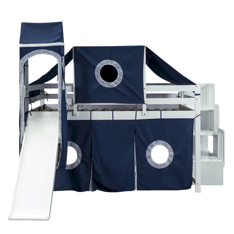 Lit mezzanine en pin bleu avec escalier de rangement et toboggan, tente et tour, barrière de sécurité pleine longueur